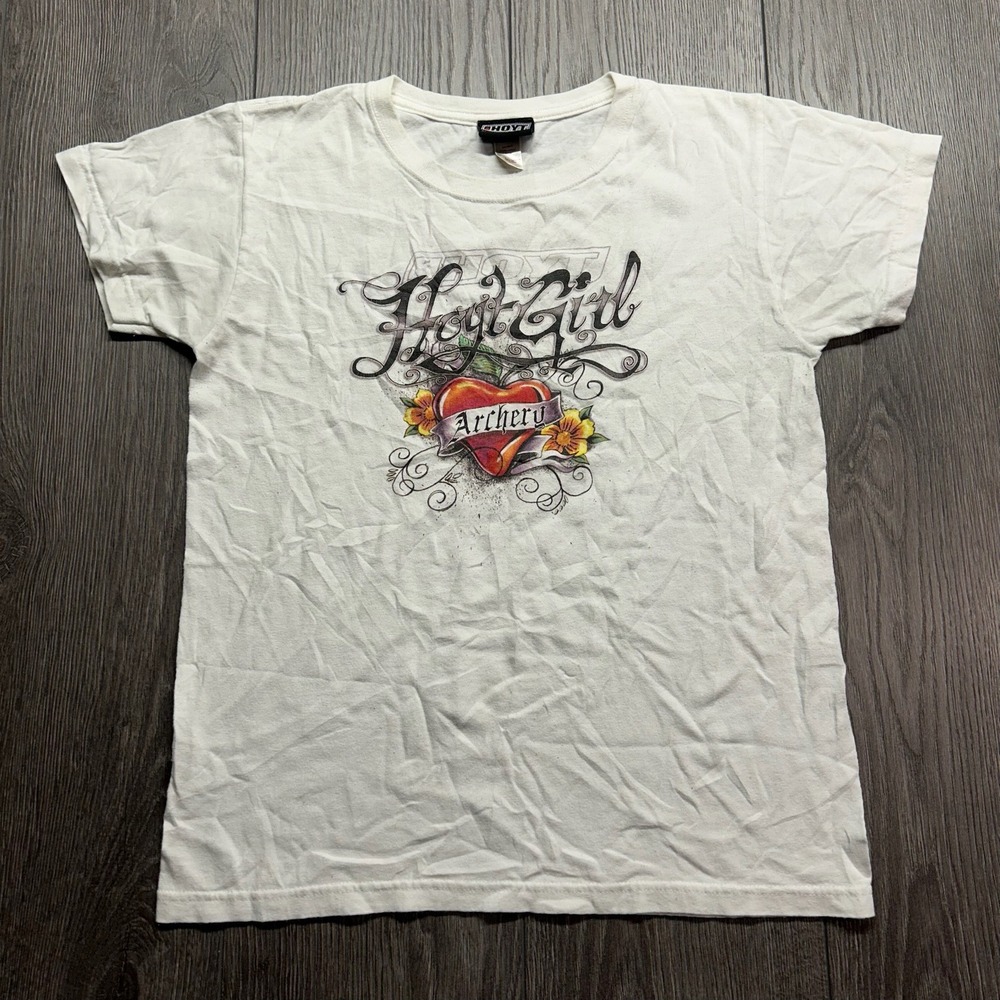 Hoyt Girl Archery T-Shirt White Y2K Tattoo Heart Graphic Cotton Tee Small